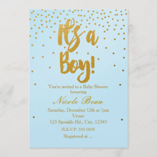 Es Una Invitación De Boys Light Blue & Gold Confet
