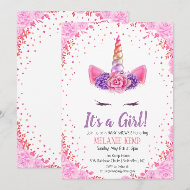 Es una Invitación de Cumpleaños Floral de Unicorni (Anverso / Reverso)