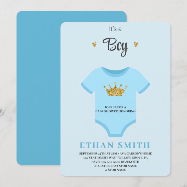 Es una invitación de Es un niño con bodi azul reci (Anverso / Reverso)