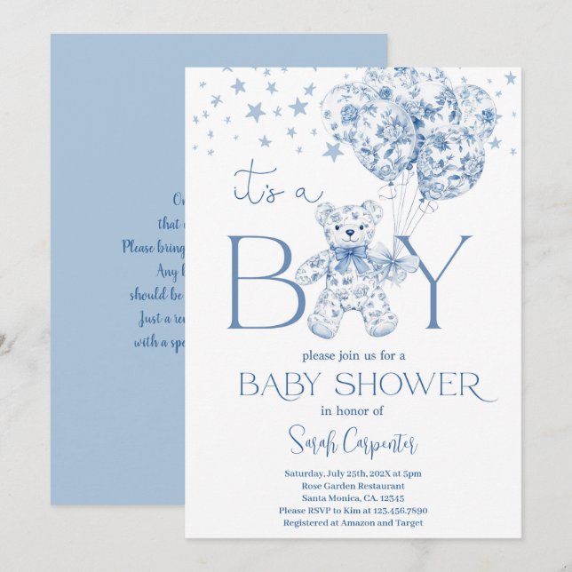 Es una invitación de niño oso Baby Shower Boy (Anverso / Reverso)