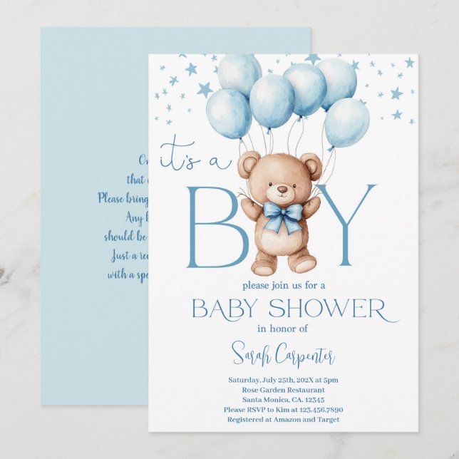Es una invitación de niño oso Baby Shower Boy (Anverso / Reverso)