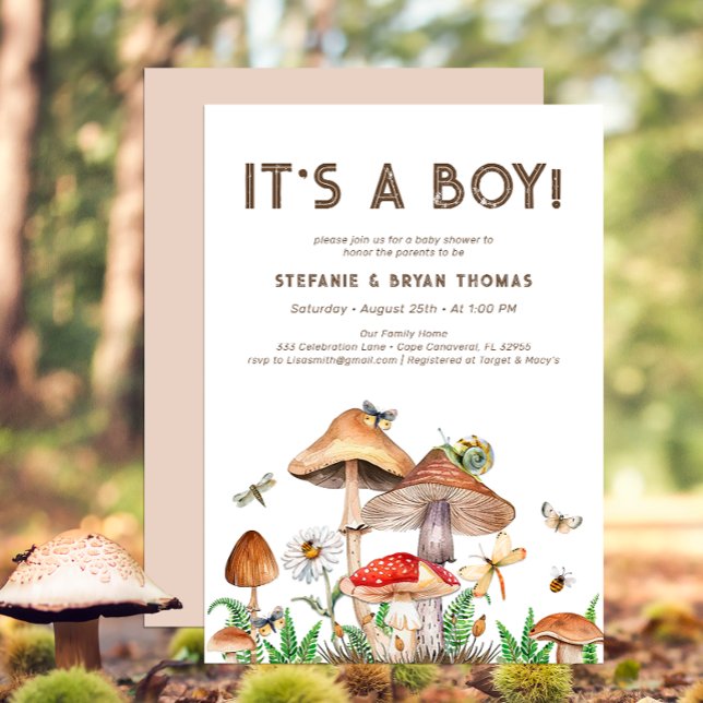 Es una invitación de un niño a Baby Shower | Whims (It's A Boy Mushroom Baby Shower Invite)