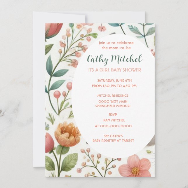 Es Una Invitación Floral De Baby Shower Chica (Anverso)