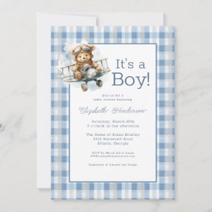 Es una invitación para baby shower de avión azul p