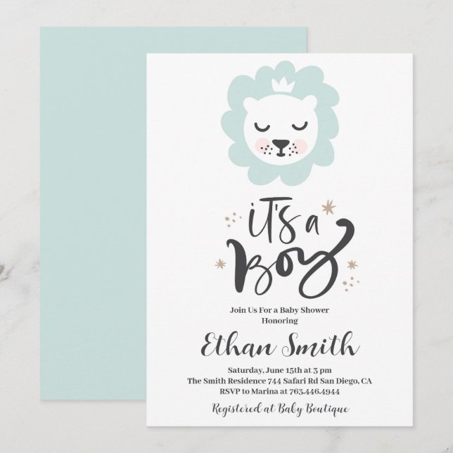 Es una invitación para baby shower de León niño (Anverso / Reverso)