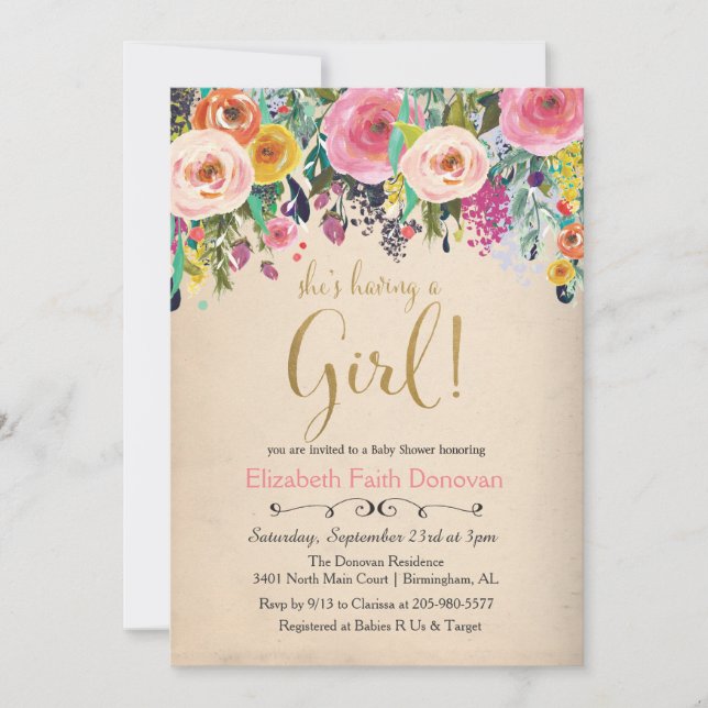 Es una invitación para baby shower de niña (Anverso)