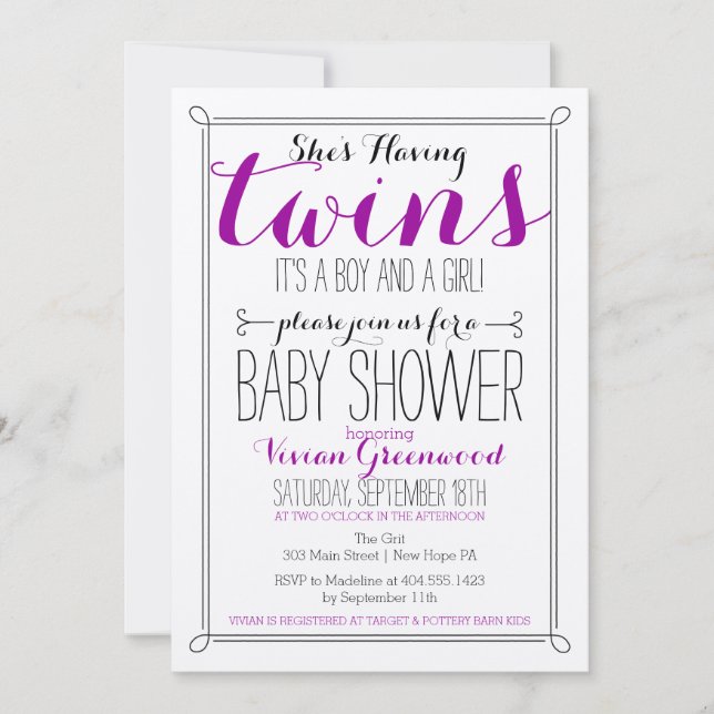 Es una invitación para Baby Shower de niño y Chica (Anverso)