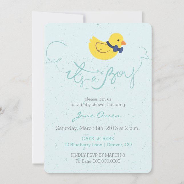Es una invitación para una ducha de bebé con pato  (Anverso)