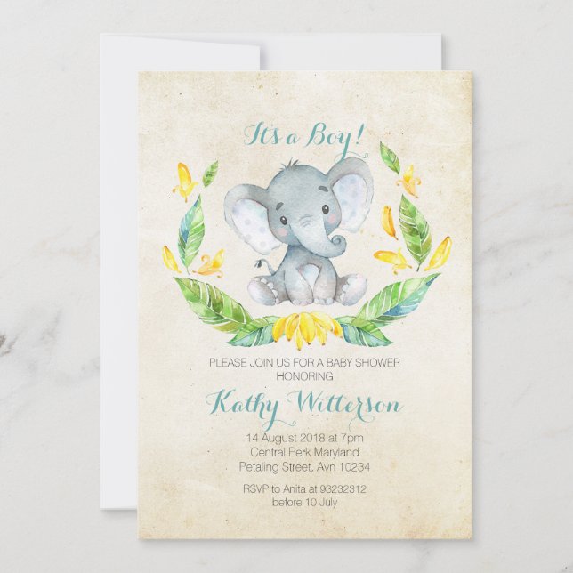 Es una invitación para una ducha de bebé elefante (Anverso)