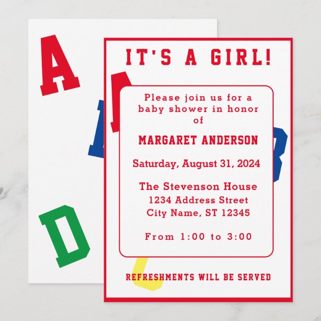 Es una invitación temática Chica ABC (Anverso / Reverso)