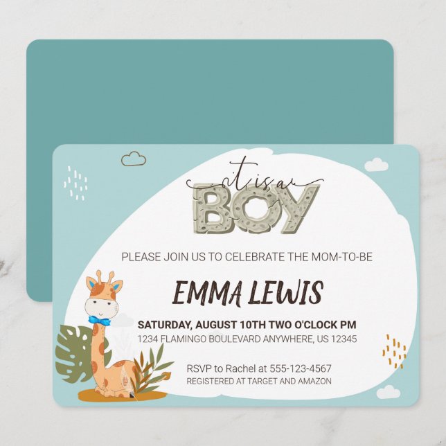 Es una jirafa de niño bebé, invitación de Baby Sho (Anverso / Reverso)