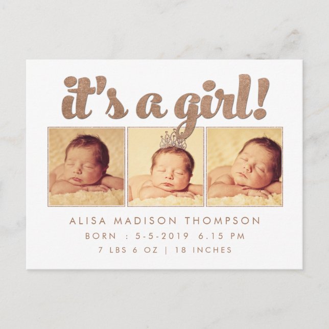 Es una niña Anuncio de nacimiento Foto Tarjeta pos (Anverso)