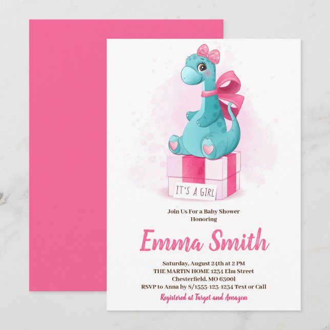 Es una niña Invitación de Cumpleaños de Dinosaurio (Anverso / Reverso)