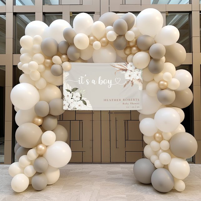 Es una pancarta de Baby Shower neutral de boy Boho (It's A Boy Heart Script Banner)