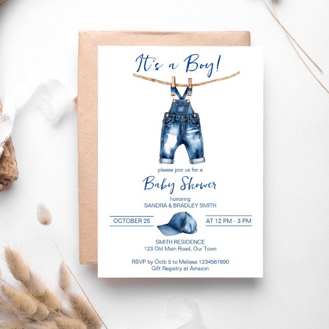 Es una plantilla de ducha de bebé de jeans azules  (It's a boy blue jeans baby shower template invitation digital download cute jeans overalls and a cap)