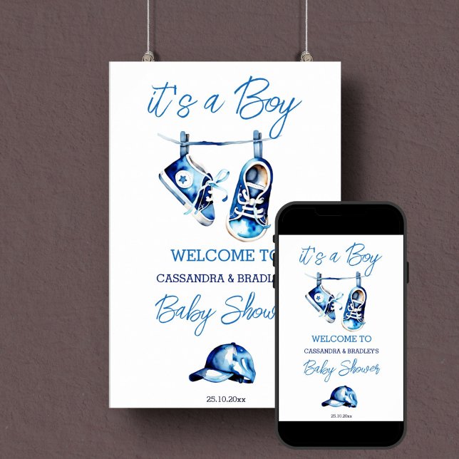 Es una señal de bienvenida de zapatos de bebé azul (It's a boy baby shower welcome sign template poster instant download blue baby sneakers shoes hangin)