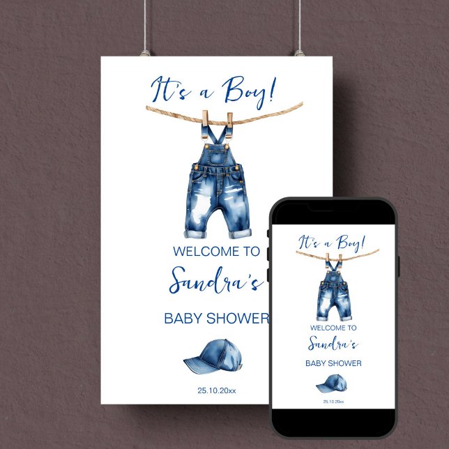Es una señal de bienvenida para un niño jeans azul (Blue jeans it's a boy baby shower minimalist welcome sign editable template poster instant download)
