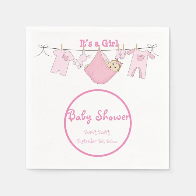 Es una servilleta de papel Baby Shower rosa y Chic (Anverso)