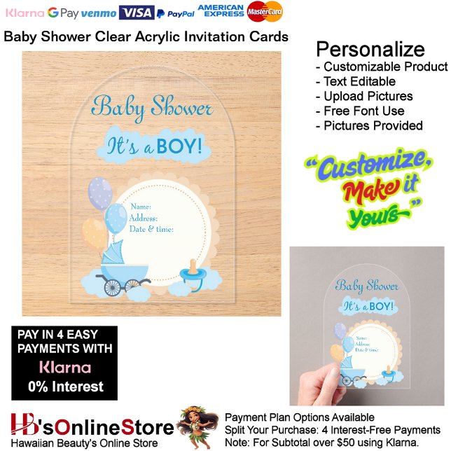 Es una tarjeta de invitación a una fiesta de bebé  (Boy's Baby Shower Birth Party Supplies Celebrate Clear Acrylic Invitations 17.)