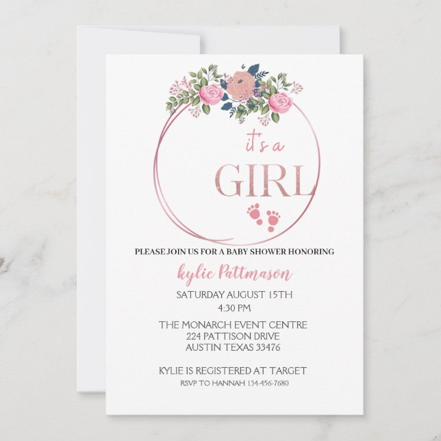 Es una tarjeta de invitación de Baby Shower floral (Anverso)