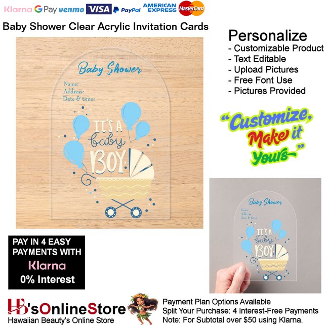 Es una tarjeta de invitación para Baby Shower 21 (Boy's Baby Shower Birth Party Supplies Celebrate Clear Acrylic Invitations 21.)
