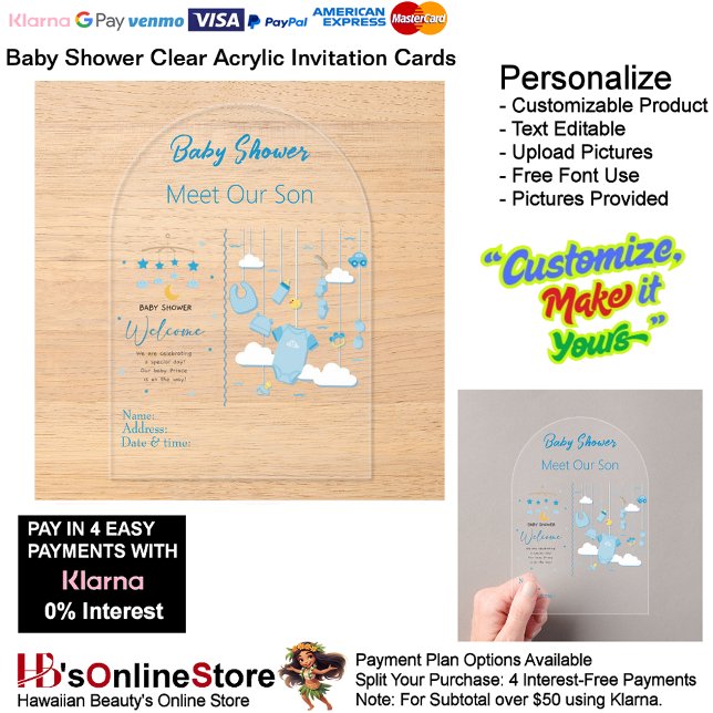 Es una tarjeta de invitación para Baby Shower 22 (Boy's Baby Shower Birth Party Supplies Celebrate Clear Acrylic Invitations 22.)