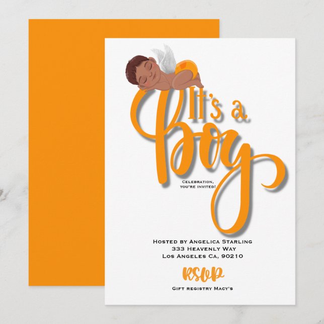 Es una tarjeta de Invitación para naranjas de niño (Anverso / Reverso)