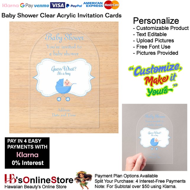 Es una tarjeta de invitación para una fiesta de be (Boy's Baby Shower Birth Party Supplies Celebrate Clear Acrylic Invitations 3.)