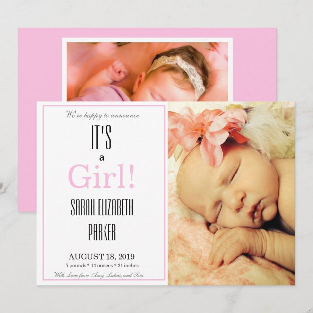 Es una tarjeta multifoto de anuncio de nacimiento  (Anverso / Reverso)