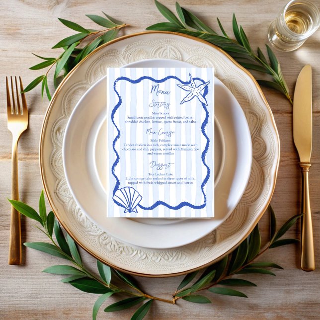 Esbozo artesanal menú de bodas en la playa (Handrawn sketch seashells blue wavy border beach wedding Menu cards personalized menu stationery)