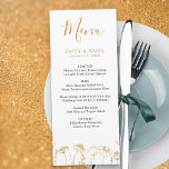 Esbozo de Flor Floral Oro Boda Blanco Menú<br><div class="desc">Menú boda de flores silvestres con tipografía manuscrita en blanco y oro. La plantilla está configurada para que usted la pueda personalizar con su menú o opciones de comida. Este delicado diseño botánico presenta un sencillo borde floral de flores silvestres doradas, en el arte de la línea dorada esbozada. Por...</div>