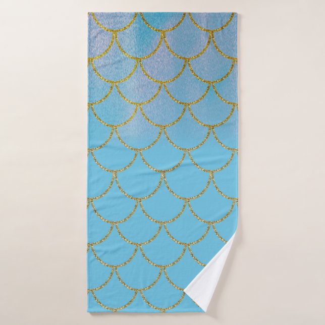 Escamas de Sirena con Brillo Irisado Azul y Dorado (Toalla de baño)