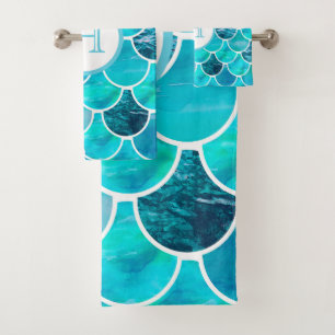 Escamas de sirena de menta turquesa monograma azul