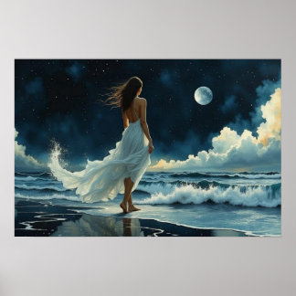 Escape en la costa bajo la Luna | Arte costero