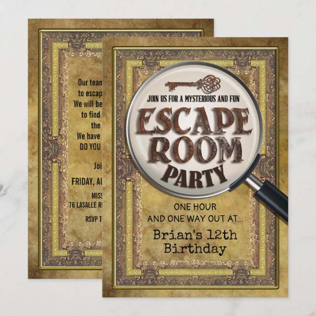 Escape Room Fiesta Invitación frontal y posterior (Anverso / Reverso)