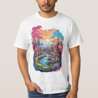 Escena abstracta de la ciudad en camiseta