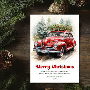 Escena acuarela de coche rojo de Navidad rústica a