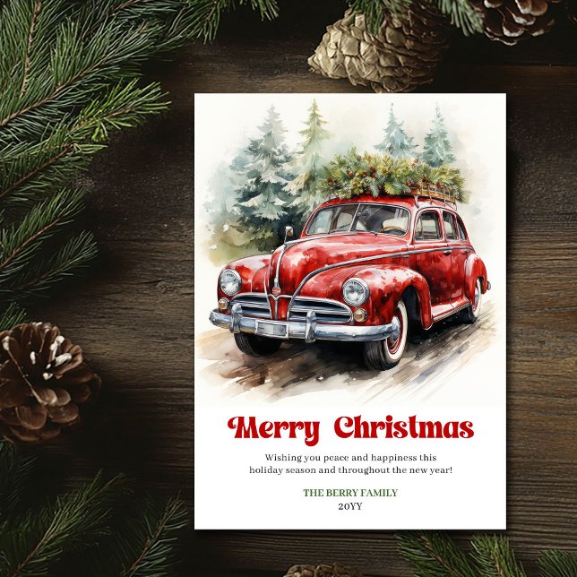 Escena acuarela de coche rojo de Navidad rústica a (Cozy rustic Christmas red car watercolor scene Holiday Card )