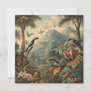 Escena botánica vintage de loros y flores