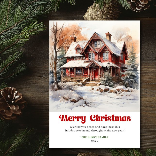 Escena cálida rústica de Navidad en acuarela vinta (Warm rustic Christmas scene vintage watercolor card)