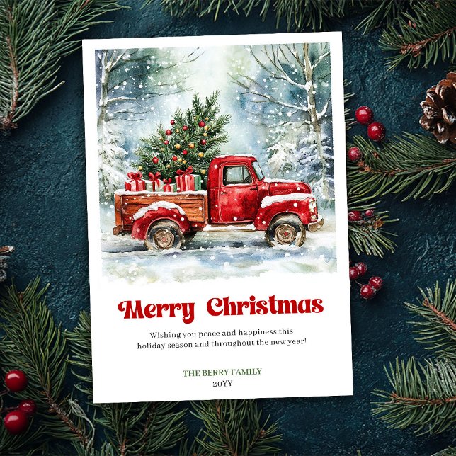 Escena Clásica de Navidad con Camión Rojo Rústico  (Classic Rustic Red Truck Christmas Scene Greeting Holiday Card)
