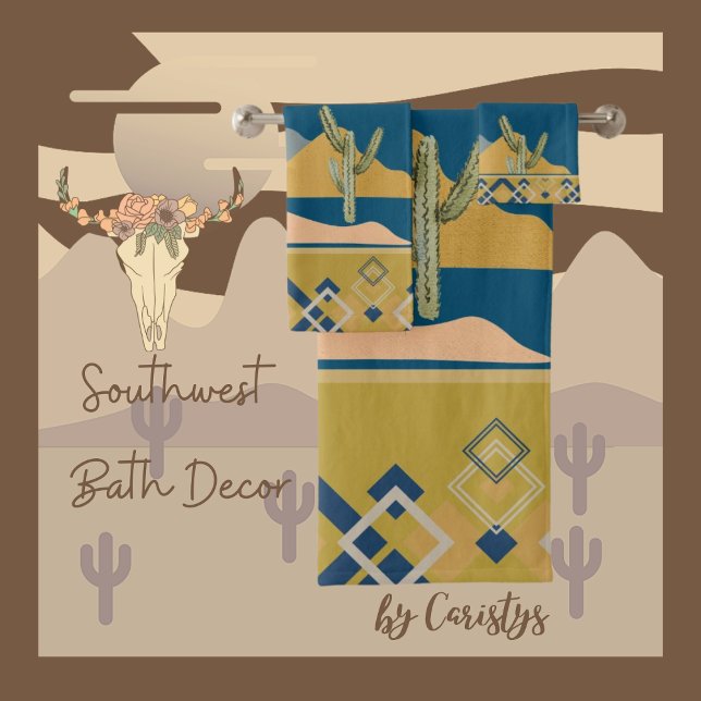Escena de cactus del desierto y guarnecido geométr (Southwest Bath Decor. 
Available in Golden Rod, Olive, Rust, Navy, Smokey Teal, Clay, Brown)