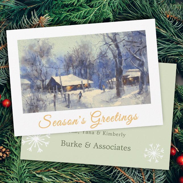 Escena de invierno en acuarela Tarjetas de tempora (Watercolor Winter Scene Business Seasons Greetings Holiday Card)