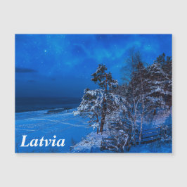 Escena de invierno nocturna con pinos cubiertos de