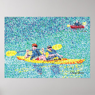 Escena de kayak con puntillismo, en un río Pósters