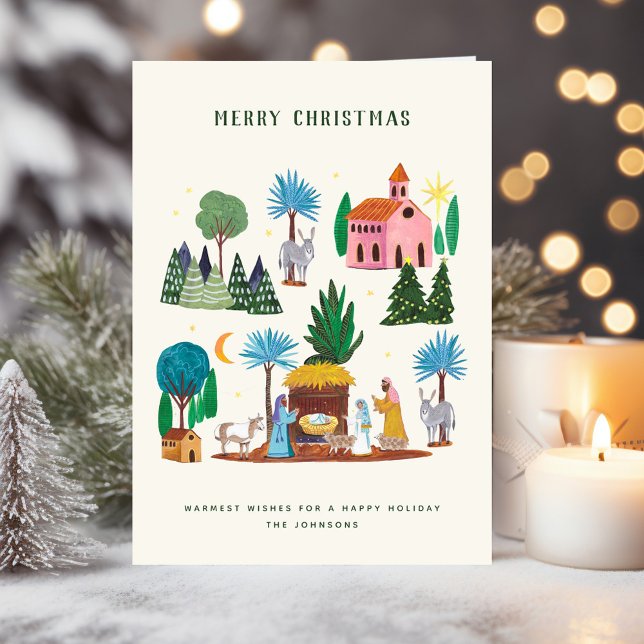 Escena de la Natividad Crema Navidad Feliz dibujad (Nativity Scene Ecru Hand drawn Merry Christmas Holiday Card)
