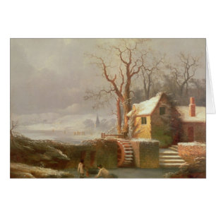 Escena de la nieve con el molino y las cabañas
