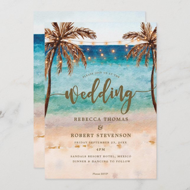 escena de la playa tropical invitación a la boda m (Anverso / Reverso)
