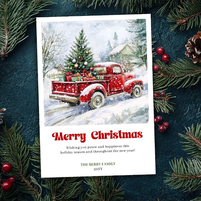 Escena de Navidad atemporal con camión rojo rústic (Timeless Rustic Red Truck Christmas Scene Greeting Holiday Card )