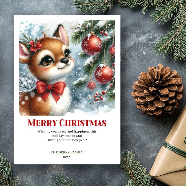 Escena de Navidad con Ciervo Bebé Adorable Tarjeta (Cute Baby Deer Christmas Scene Watercolor Greeting Card

)